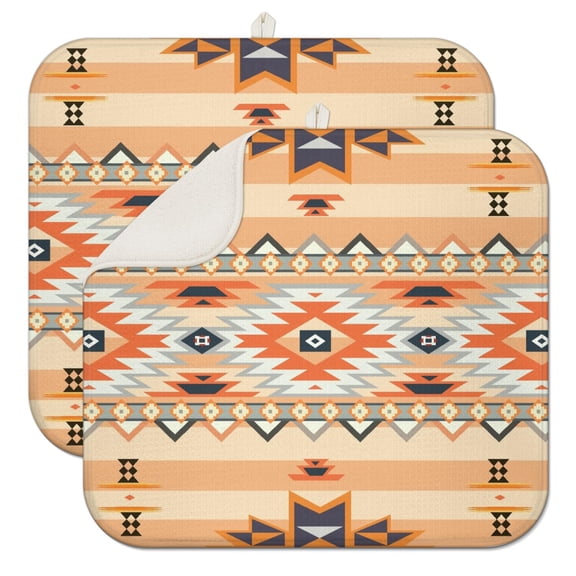 2pcs Tribal Folk Style Drying Mat Colorful Vintage Floral Absorbent Microfiber Pad, 3-Layer Thick & Reusable for Dishes, Heat Protection, Compact Foldable Design