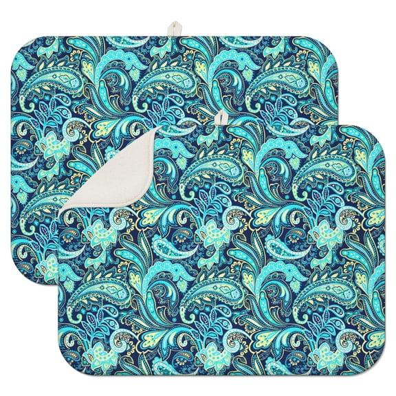 2pcs Tribal Folk Style Drying Mat Colorful Vintage Floral Absorbent Microfiber Pad, 3-Layer Thick & Reusable for Dishes, Heat Protection, Compact Foldable Design