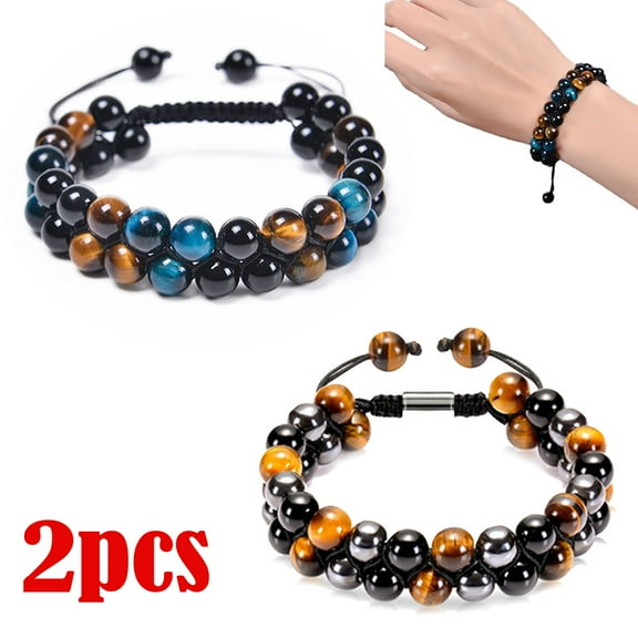 2pcs Triple Protection Bracelet Natural Black Obsidian Tigers Eye Hematite 8mm Beads Crystal Bracelet Healing Bracelets for Men Women Bring Prosperity Luck and Health