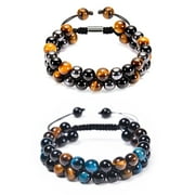 FASHIONMIO 2pcs Triple Protection Crystal Bracelet Spiritual Healing for Men Women Natural Yellow Blue Tiger Eye and Black Obsidian 8mm Stone Bead Energy Crystal Bracelet - Bring Good Luck and Happiness