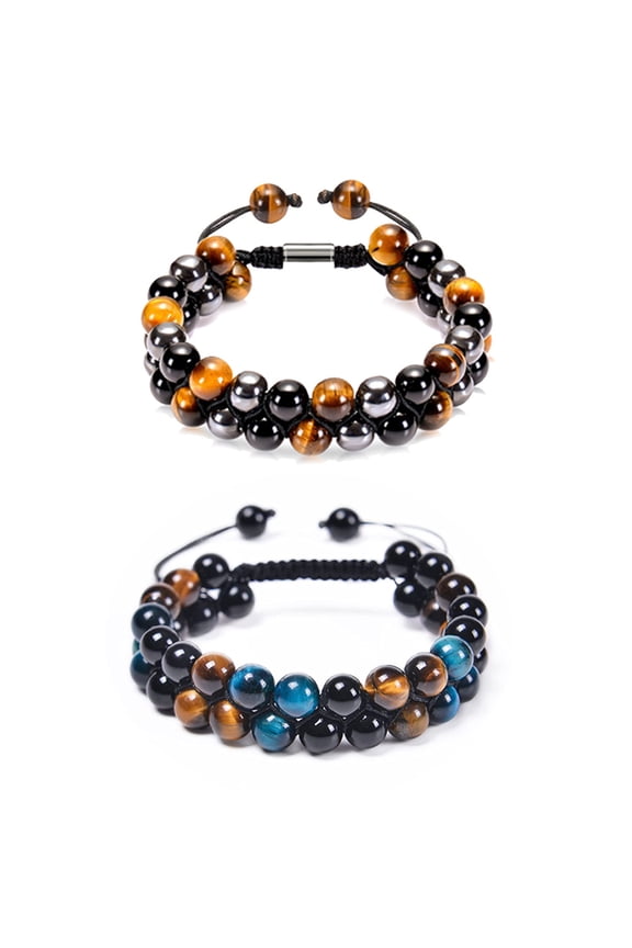 2pcs Triple Protection Crystal Bracelet Spiritual Healing for Men Women Natural Yellow Blue Tiger Eye and Black Obsidian 8mm Stone Bead Energy Crystal Bracelet - Bring Good Luck and Happiness