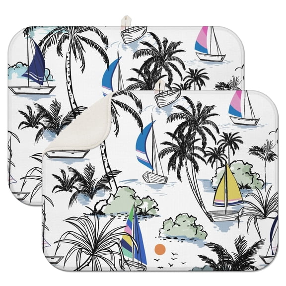 2pcs Tropical Aloha Kitchen Drying Mat, Super Absorbent Microfiber Pad for Dishes, Heat Resistant & Reusable, Coastal Paradise Palm Tree Design