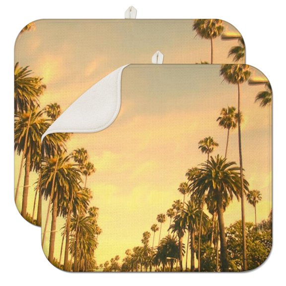 2pcs Tropical Beach Sunset Dish Drying Mat, Minimalist Palm Tree Design, 3-Layer Thick Heat Resistant Microfiber Pad for Countertop