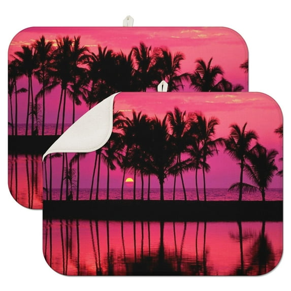 2pcs Tropical Beach Sunset Kitchen Drying Mat, Minimalist Boho Palm Tree Print, 3-Layer Thick Absorbent Microfiber Pad