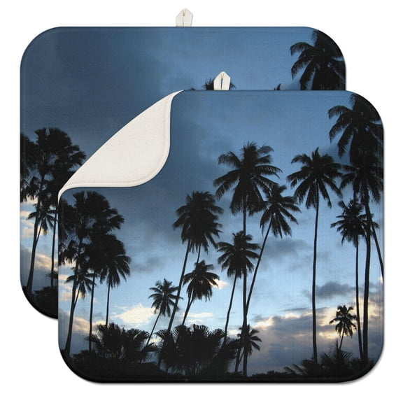 2pcs Tropical Palm Trees Sunset Kitchen Mat, Neon Hawaiian Beach Design, 3-Layer Absorbent Microfiber Drying Pad with Hanging Loop