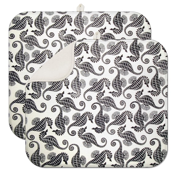 2pcs Tropical Seahorse Dish Drying Mat - Super Absorbent Microfiber Kitchen Counter Mat with Nautical Ocean Theme, Heat Resistant & Foldable for Dishes, Pots, Glassware (16"x18")