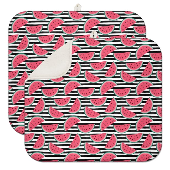 2pcs Tropical Summer Dish Drying Mat Watermelon Print Thick 3-Layer Absorbent Mat Heat Resistant for Watermelon Fruit Fans