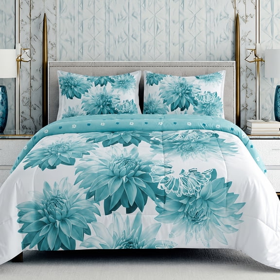 2pcs Twin Floral Comforter Sets Queen Size, Soft Floral Comforter Set White And Blue, EasyCare-Twin/Queen/King Size Bed In A Bag For All Seasons