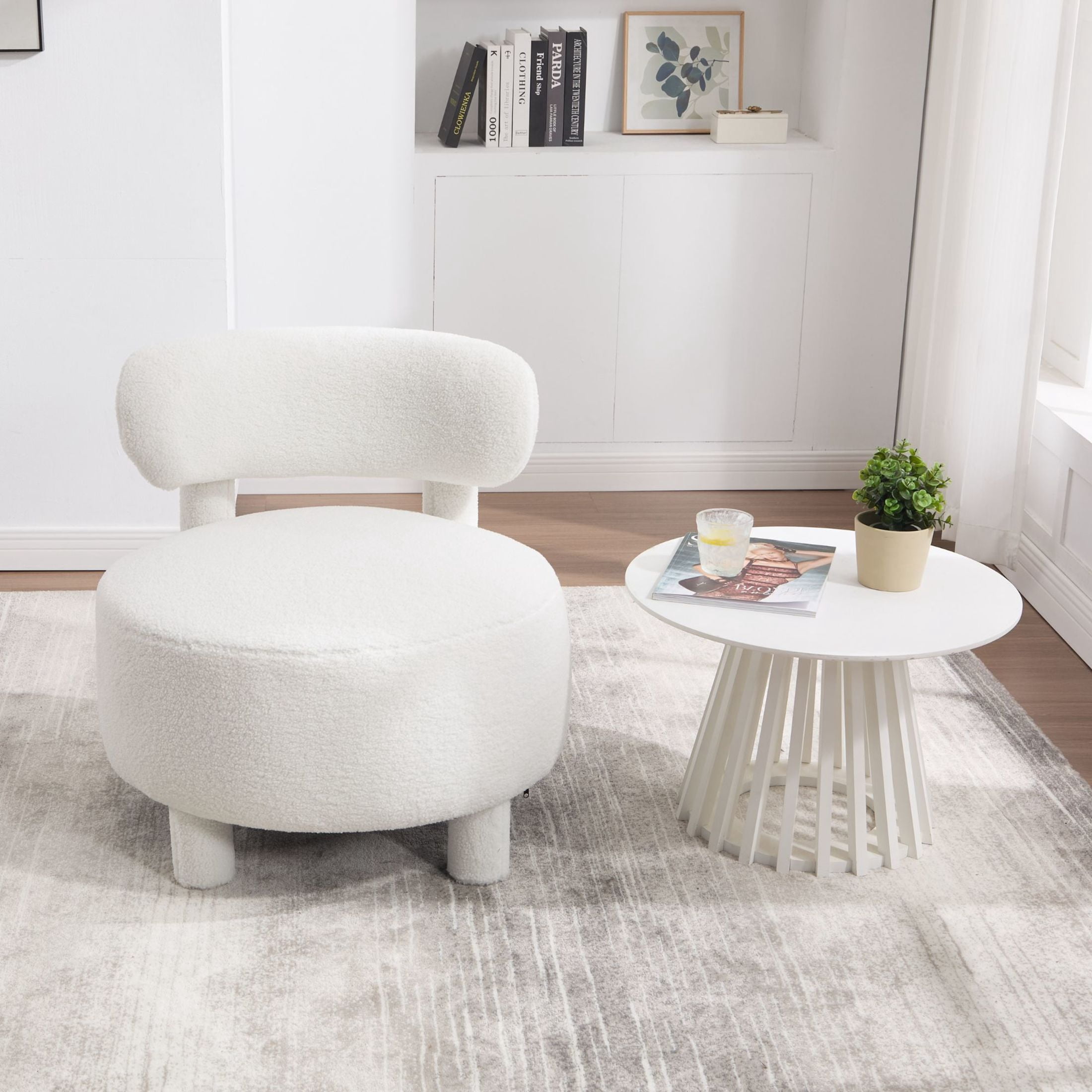 Noble House Dorell Teddy Upholstered Dining Chair, Wooden Frame Reading Side Chair with Curved Backrest, White