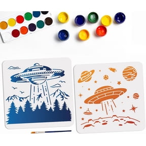 2pcs UFO Planet Space Stencils 11.811.8inch Large Spaceships Stencil Template with Paint Brush Square Space Theme Stencils on Wood Canvas Fabric Wall Furniture Room Decor