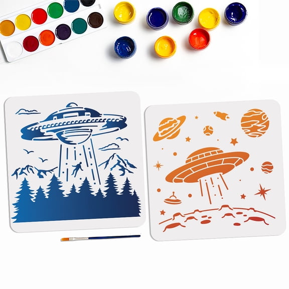 2pcs UFO Planet Space Stencils 11.811.8inch Large Spaceships Stencil Template with Paint Brush Square Space Theme Stencils on Wood Canvas