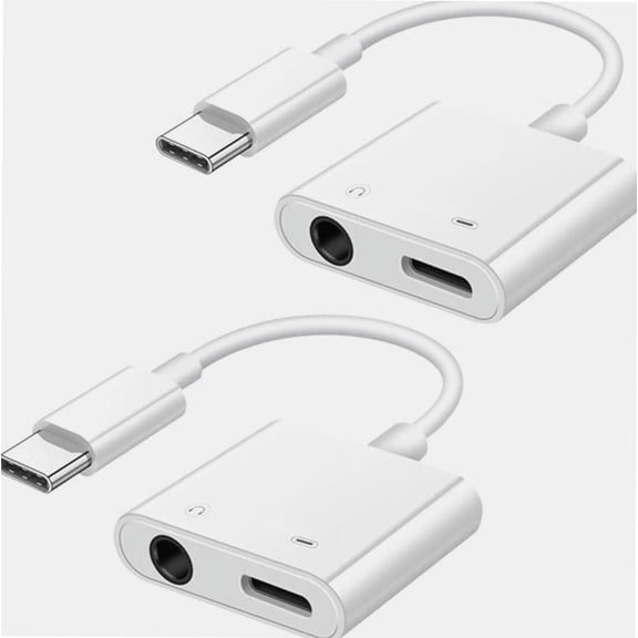 2pcs USB-C Type C to 3.5mm 1/8" Aux Audio Headphone Adapter with Charging Passthrough Active DAC Digital to Analog Converter (White)