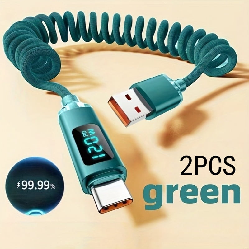 2pcs USB A to Type-C Super Fast Charging Data Cable | 3.3/6.6 Feet, Nylon Braided, Retractable, Compatible with Apple, Huawei, Samsung, Oppo, 50W Power Output, Tangle-free