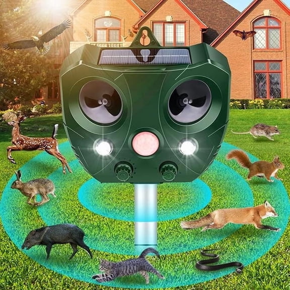 2pcs Ultrasonic Solar Animal Repeller Outdoor Waterproof Pest Driver with Motion Sensor & LED Strobe Light for Farm Garden Yard