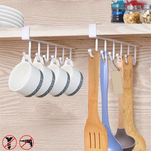2pcs Under Shelf Mug Rack -   Drilling Coffee Cups Holder, Key Ties Belts & Scarf Hanging Hooks - Fits Cabinet 0.8" or Less