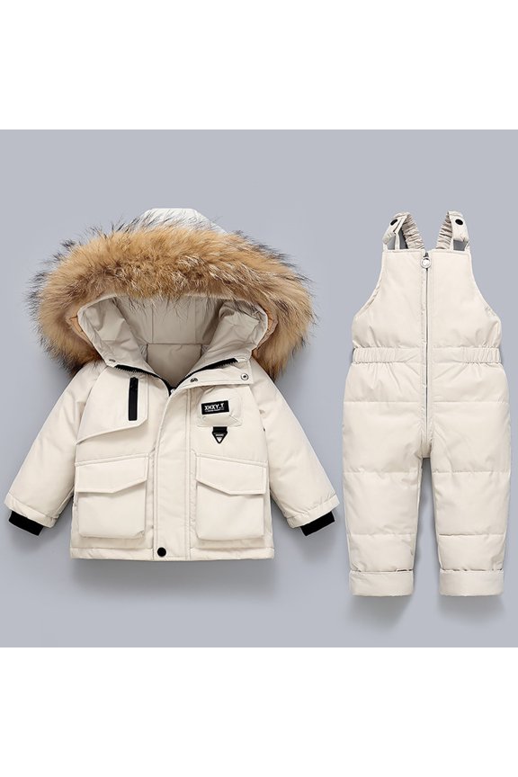 2pcs Unisex Baby Kids Puffer Winter Warm Hooded Down Coat with Snowsuit Snow Bib Pants Ski Suits Outfit Set Beige 2-3 Years