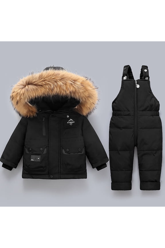 2pcs Unisex Baby Kids Puffer Winter Warm Hooded Down Coat with Snowsuit Snow Bib Pants Ski Suits Outfit Set Black 2-3 Years