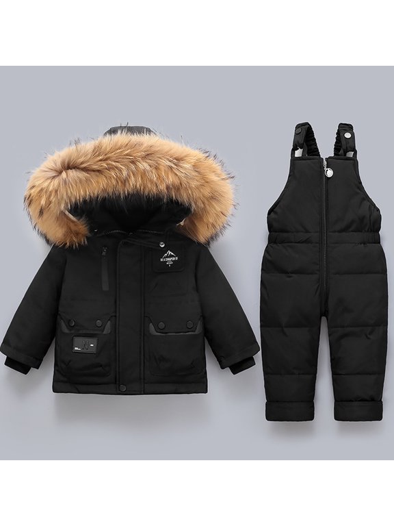 2pcs Unisex Baby Kids Puffer Winter Warm Hooded Down Coat with Snowsuit Snow Bib Pants Ski Suits Outfit Set Black 2-3 Years