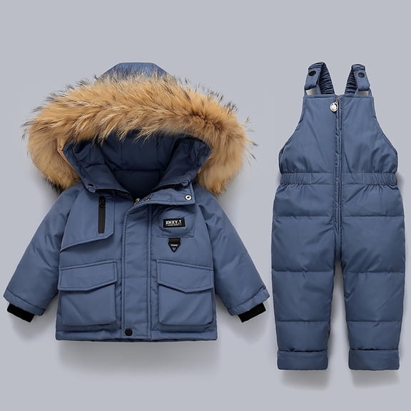 2pcs Unisex Baby Kids Puffer Winter Warm Hooded Down Coat with Snowsuit Snow Bib Pants Ski Suits Outfit Set Blue 2-3 Years