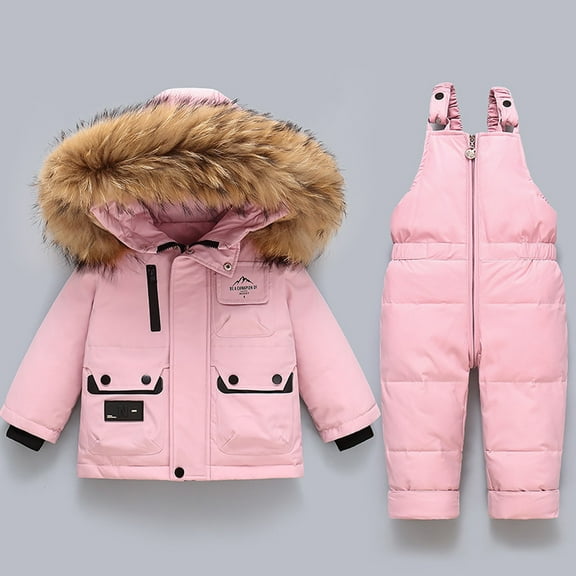 2pcs Unisex Baby Kids Puffer Winter Warm Hooded Down Coat with Snowsuit Snow Bib Pants Ski Suits Outfit Set Pink 1-2 Years