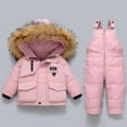 thumbnail image 1 of 2pcs Unisex Baby Kids Puffer Winter Warm Hooded Down Coat with Snowsuit Snow Bib Pants Ski Suits Outfit Set Pink 3-4 Years, 1 of 3