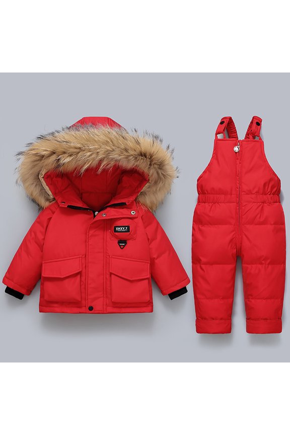 2pcs Unisex Baby Kids Puffer Winter Warm Hooded Down Coat with Snowsuit Snow Bib Pants Ski Suits Outfit Set Red 2-3 Years
