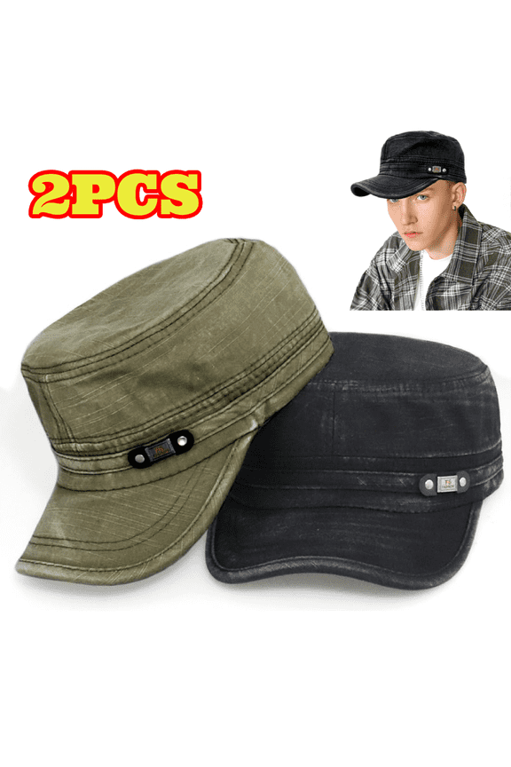 2pcs Unisex Cadet Cap, Washed Cotton Twill Military Hat ,Flat Top Cap