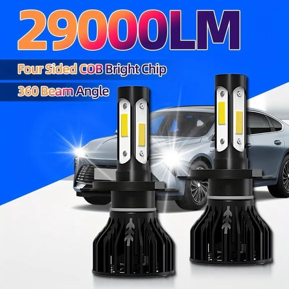 2pcs Upgraded Bright Lamps H7 Headlights 29000LM 6000K White 4-Sided COB Bright Chip Plug-N-Play