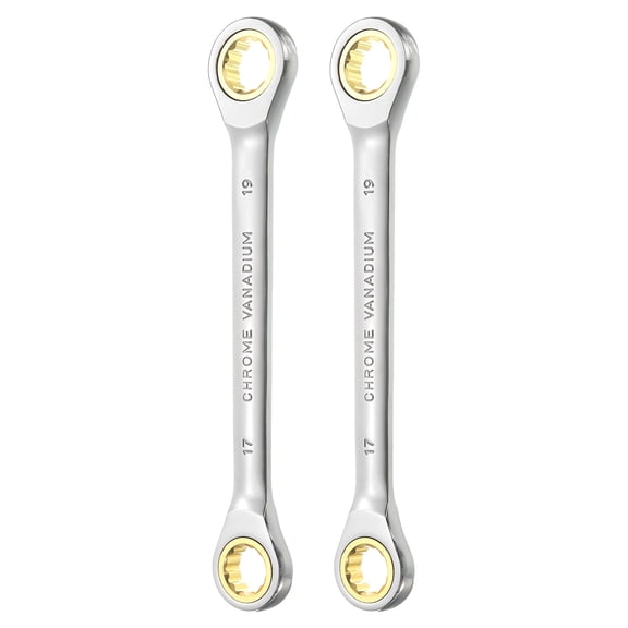 2pcs Uxcell Double Box End Ratcheting Wrench 17mm x 19mm Metric 72 Tooth Ratchet Spanner