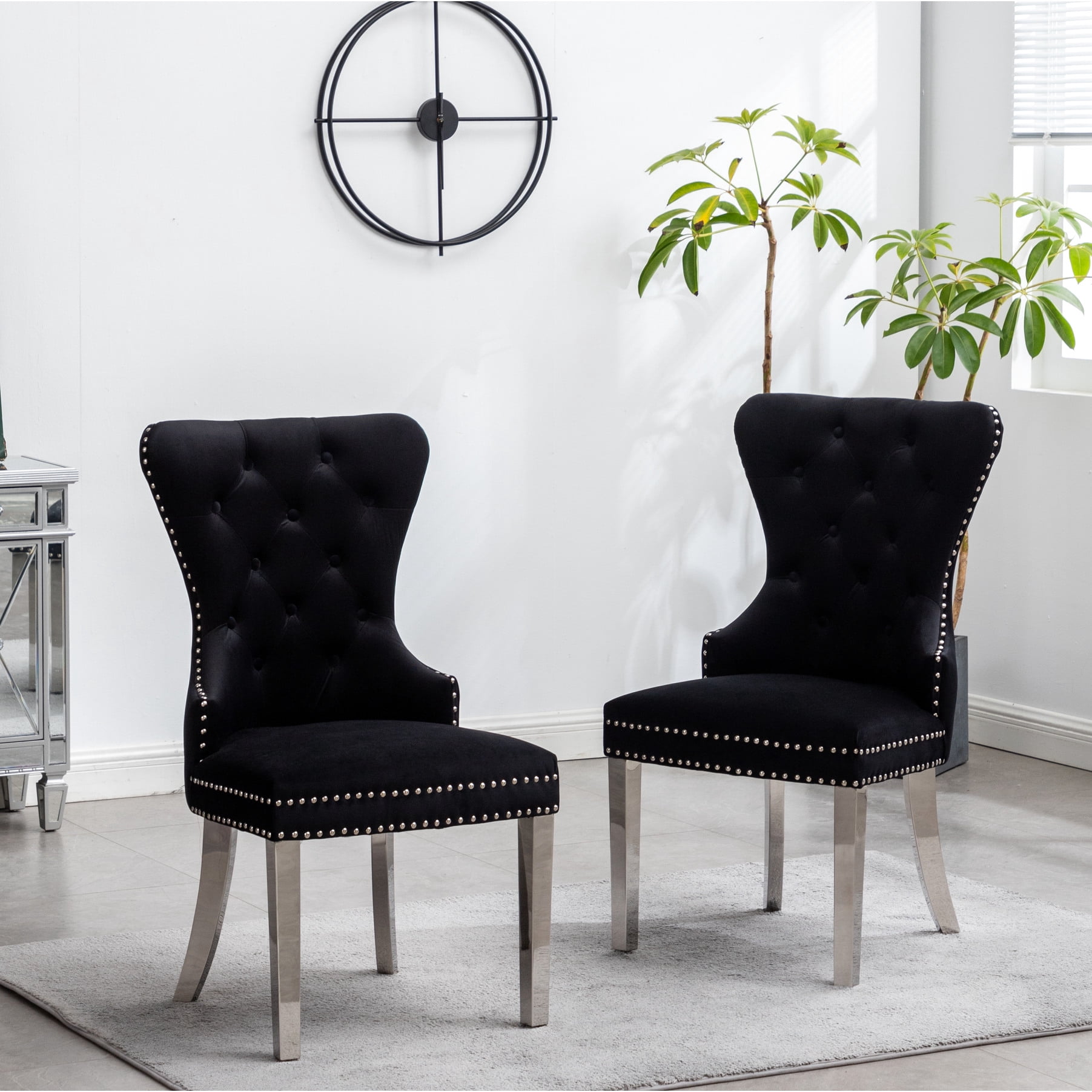 2pcs Velvet Chairs In Black With Decorative Back Ring & Solid ...