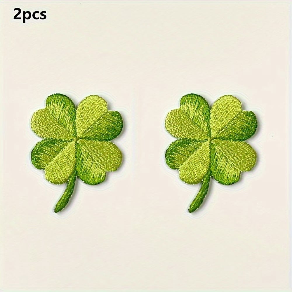 2pcs Vibrant Green Four Leaf Clover Embroidered Patches - Acrylic DIY Badges for Backpacks, Hats & Clothing - Knitted Punk Style