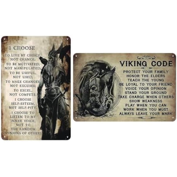 2pcs Viking Wall Decor Sign - Metal Viking Code Sign, Vintage Viking Decor Tin Sign for Home Bar, Basement, Garage and Man Cave Wall Decor Art, Cool Stuff Viking Gifts for Men, 8 x 12 inch