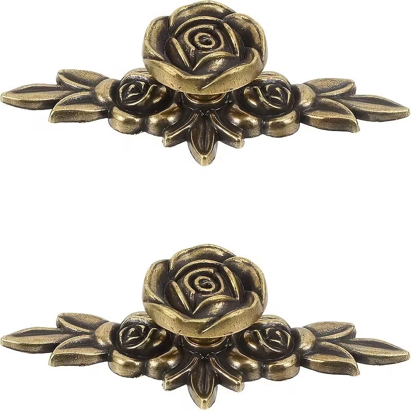 2pcs Vintage Brass Rose Flower Drawer Handles - Ornate Zinc Alloy Cabinet Knobs for Wardrobe, Dresser, and Cabinets - Easy Installation with Included Hardware