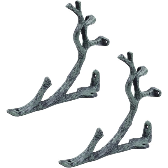 2pcs Vintage Cast Iron Tree Branch Shelf Brackets with Hooks, Green
