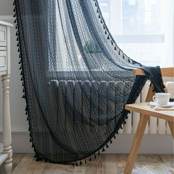 2pcs Vintage Country Style Black Crochet Knitting Curtain Bohemian Curtains 59" W x 94" L
