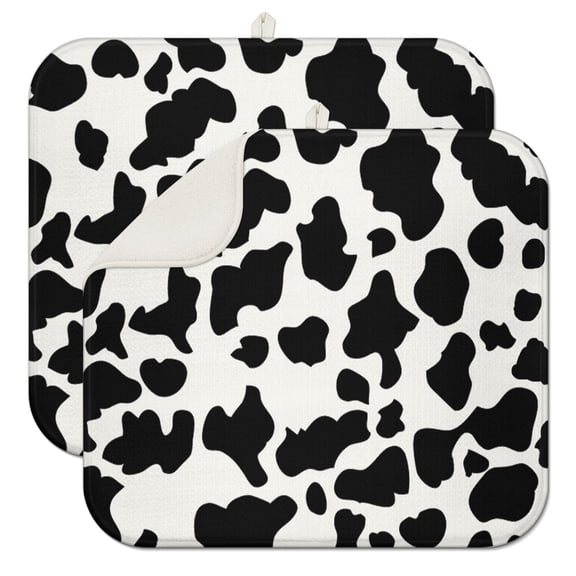 2pcs Vintage Cow Design Dish Drying Mat, Country-Themed Black and White Cow Print Absorbent Kitchen Mat, 3-Layer Heat Resistant & Foldable Sink Drying Pad