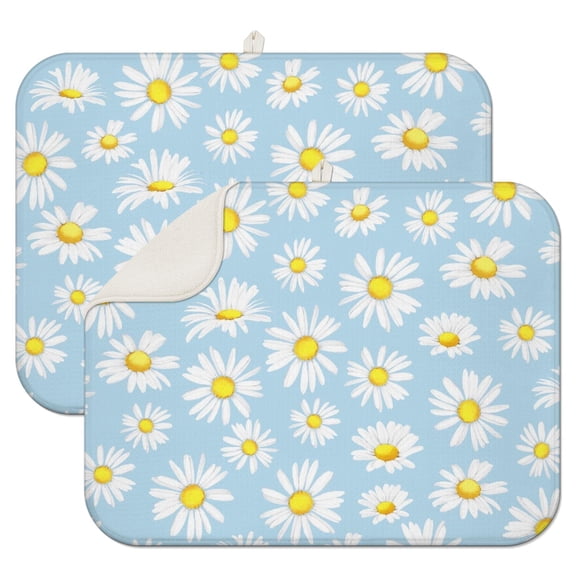2pcs Vintage Daisy Print Dish Drying Mat, Super Absorbent Microfiber Kitchen Mat, Heat Resistant Sink Pad with Floral Pattern, Foldable & Reusable
