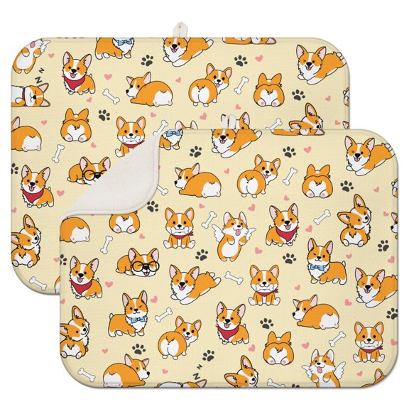 2pcs Vintage Dog Print Kitchen Mat Absorbent Non-Slip Drying Pad for Dishes