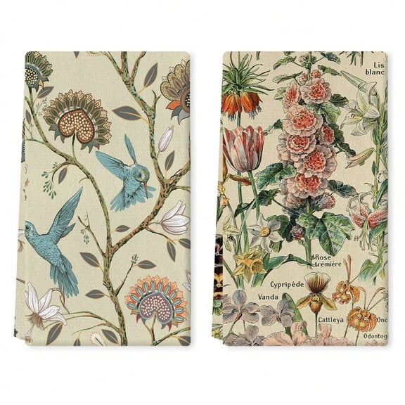 2pcs Vintage Floral Garden Pattern Kitchen Dishcloth Set, Retro Style Highly Absorbent Kitchen Towel, Hanging Towel With Floral Patterns For Home & Dining Room