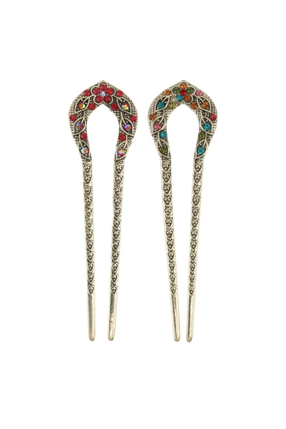 2pcs Vintage Hair Stick Crystal Rhinestone Double Prong Hair Pin Stick Hairpin
