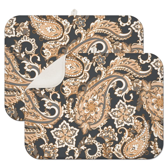 2pcs Vintage Paisley Kitchen Drying Mat, Super Absorbent 3-Layer Microfiber Dish Drying Pad, Heat Resistant Countertop Mat with Hanging Loop, Boho Chic Floral Pattern