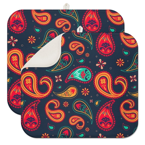 2pcs Vintage Paisley Pattern Kitchen Mat, Absorbent Dish Drying Pad, Boho Floral Countertop Mat, Multipurpose & Reusable