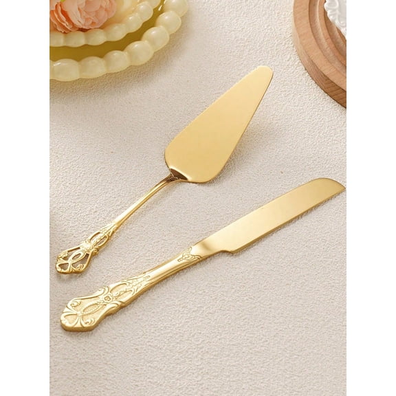 2pcs Vintage Royal Cake Serving Set Elegant Stainless Steel Cake Knife And Cake Server Polished Mirror Finish Suitable For Dishwashing Chrome Alloy