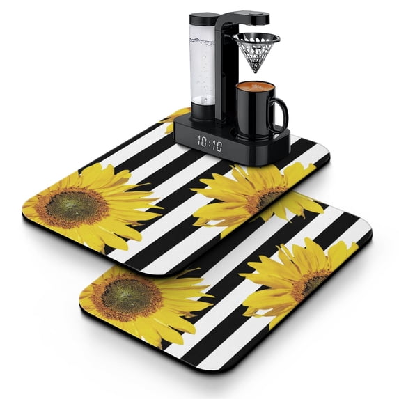 2pcs Vintage Sunflower Coffee Bar Mat, Butterfly and Bee Absorbent Drying Mat, Non-Slip Kitchen Counter Mat, Yellow Boho Aesthetic