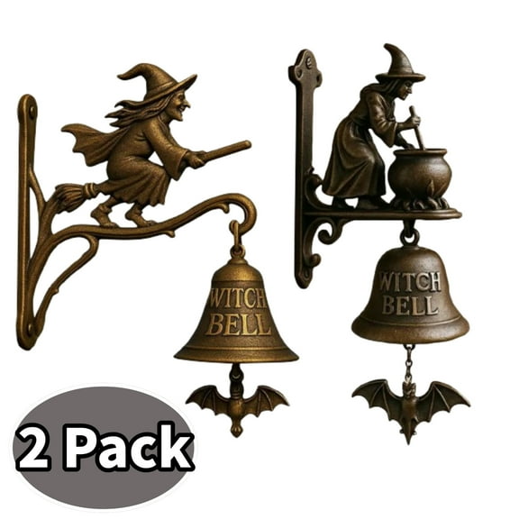 2pcs Vintage Witch Bell Doorbell with Bat Pendant, Cast Iron Wall Mounted, Outdoor Decorative Bell for Porch, Garden, Front Door