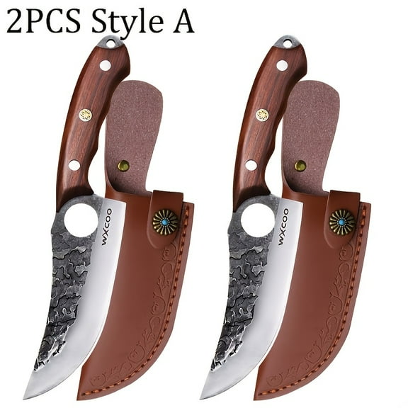 2pcs WACOI Chef Knife Set with Sheaths + Mini Pocket Knife - Japanese Steel, Viking Hammered Blades & Wooden Handles, Sharp & Durable for Kitchen & Outdoor Use