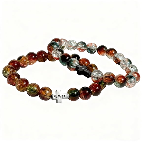 2pcs WWJD Christmas Bead Bracelets, Christian Cross Charm Glass Beaded Bracelet Set Gift for Women Men, What Would Jesus Do Religious Inspirational Jewelry for Holiday Xmas Anniversary