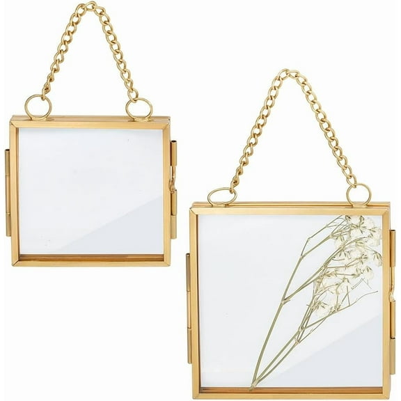 2pcs Wall Hanging Alloy Photo Frames Square Golden Wall Hanging Mini Photo Frame Double Clear Glass Floating Frame Dried Flower Frames with Hanging Chain for Display Picture-5.3 inch/4.1 inch