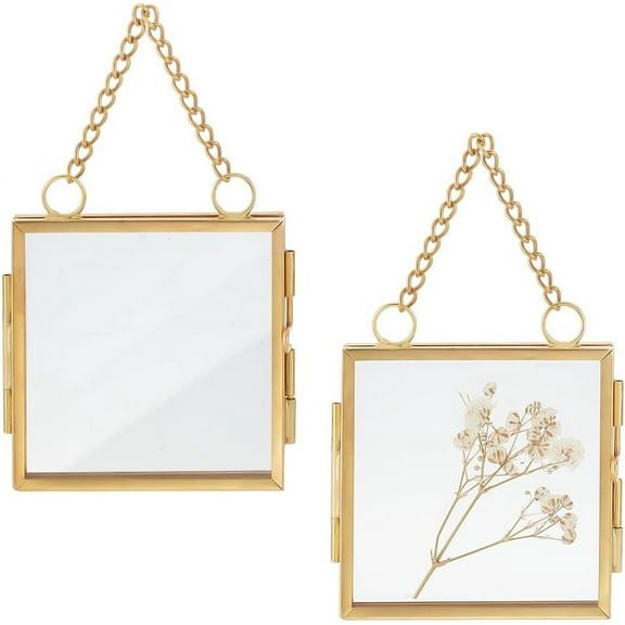 2pcs Wall Hanging Mini Photo Frames Double Glass Picture Frame with Chain Folding Frame DIY Vintage Artwork Display Frames for Pressed Flowers Pictures Home Wall Decor 6x6cm