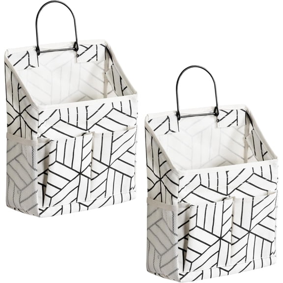 2pcs Wall Hanging Storage Bag, Small Door Closet Linen Fabric Pockets Organizer, Waterproof Multi Functional for Living Room Bedroom Bathroom Kitchen RV Camper with Hooks Pattern Whtie